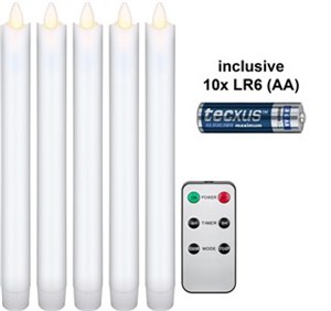 Set of 5 White LED Real Wax Rod Candles, incl. Remote Control and 10x AA (LR6)