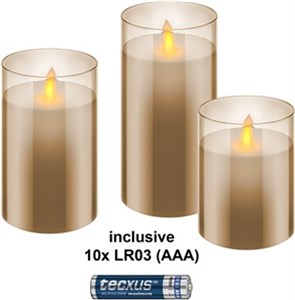 Set of 3 LED Real Wax Candles in Glass, Gold-Transparent, incl. 10x AAA (LR03)