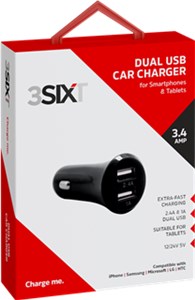 Dual USB car charger charges two devices via USB-A with max. 3400 mA