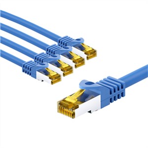 RJ45 Patch Cord CAT 6A S/FTP (PiMF), 500 MHz, with CAT 7 Raw Cable, 5 m, blue, Set of 5