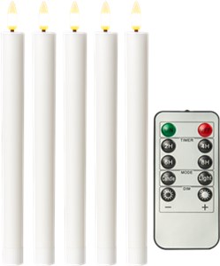 5er-Set weiße LED-Echtwachs-Stabkerzen, inkl. Fernbedienung