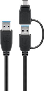 USB 3.0 cable with one USB A to USB-C™ adapter, black